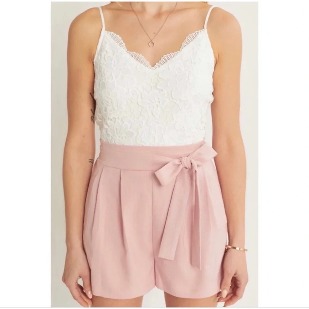 1 LEFT! Feminine Romantic One Piece Elegant Women’s Blush White Lace Romper - Picture 3 of 3
